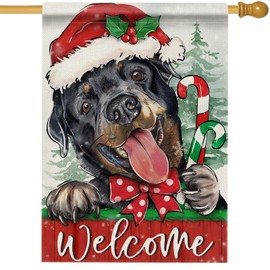 Hzppyz Welcome Christmas Rottweiler Dog House Flag Double Sided, Xmas Pet Decorative Garden Yard Outdoor Large Decor Dog Lover Gifts, Snowy Winter Holiday Farmhouse Home Outside Decoration 28 x 40