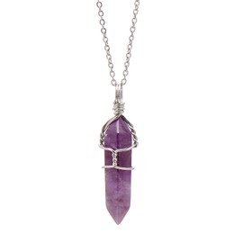 Paialco Natural Amethyst Crystal Point Wire Wrapped Pendant Necklace for Women