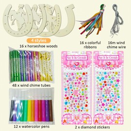 Pack of 16 Horseshoe Children's Birthday Wooden for Painting, DIY Craft Set Birthday Decoration, Craft Wind Chime Crafts with 12 Watercolour Pens for Children Girls Boys from 5 6 7 8 9, Easter Outdoor