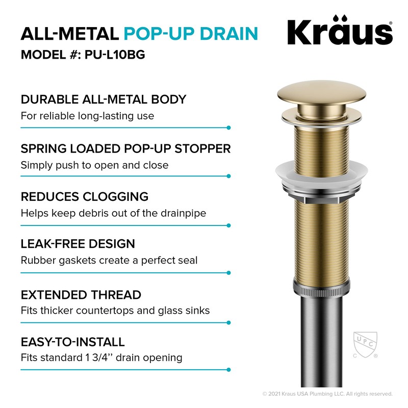 KRAUS Bathroom Sink Pop-Up Drain Assembly in Brushed Gold for