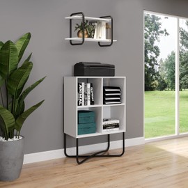 Techni Mobili Modern Geometric Low Wooden Bookcase - 2 Tier White Cube Storage Organizer Shelf - Easy to Assemble Engineered Wood Bookcase with Open Back Shelves & Metal Frame Blanco Collection