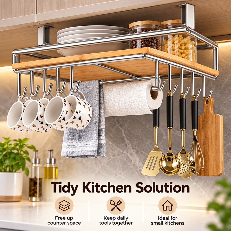 Stainless Steel Hanging Kitchen Storage Rack with Hooks – Paper