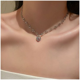Sttiafay Gemstone Heart Necklace for Women Love Stitching Chain Necklace Silver Clavicle Chain Choker Jewellry Gifts for Her