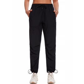 LadyJoy Hiking Pants Women Cargo Joggers for Women Summer Scrub Parachute Golf Travel Pants Waterproof Lightweight Elastic Waist Drawstring Quick Dry with Pockets Outdoor Black L 29''