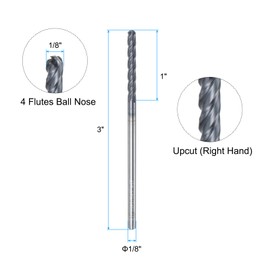 sourcing map Ball Nose End Mill CNC Router Bit, 1/16" Radius 1/8" Shank Solid Carbide TiAlN Coated Upcut Spiral 4 Flutes Cutter Milling Tool, 1/8" Dia 3" Total Length