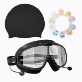 HSTWODE Swimming Goggles with Prescription 180° Panorama Swimming Goggles, Glasses Case, Swimming Cap, 10 Sets Nose Clip Earplugs, Adult Anti-Fog UV Protection Swimming Goggles (Black, -3.0)