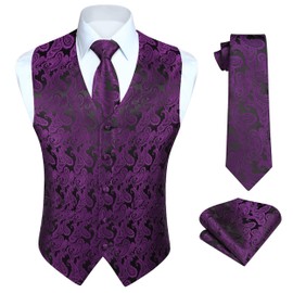 HISDERN Men's Paisley Floral Jacquard Waistcoat, Tie, Pocket Square/Handkerchief Set, for Waistcoat Suit, Purple (purple-2)