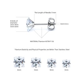 Cubic Zirconia Stud Earrings G23 Titanium CZ Simulated Diamond 4 Prong 3mm-6mm Options 20g Silver Stud Earrings Hypoallergenic Earrings for Sensitive Ears, Titanium, Cubic Zirconia