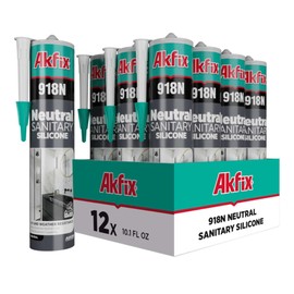Akfix 918N Gray 100% Silicone Caulk for Kitchen and Bathroom (12x10.5 fl.oz.) - Solvent-Free, Low Odor, UV & Water Resistant, Fast Curing, Non-sag, High Elasticity Silicone Sealant | Grey, 12 Pack