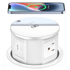 XBA Pop Up Outlet with 15W Wireless Charger, 4 AC Plug 1 USB-A and 1 USB-C, Electrical Desk Power Grommet for Kitchen Countertop, 4.7inch Hidden Recessed Power Strip for Home Office (White)