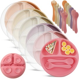 Meanplan 6 Pack Suction Plates for Toddlers with Lids Silicone Baby Plates set Food Grade Silicone Divided Design BPA Free Microwave and Dishwasher Safe Assorted Colors(Cute Colors)