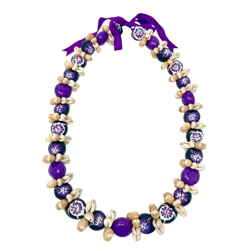 Utama Hawaiian Flower Kukui Nut Lei with Cowrie Shell (Purple)