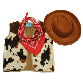 Kids Western Rodeo Cowboy or Cowgirl Basic Costume Set - Vest, Brown Hat, Bandanna - Size 6-8