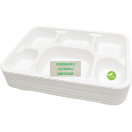 Pack of 25, Large 6 Compartment Premium Quality Strong Plates 32X22X5cm, Super Rigid Bagasse Plates, Biodegradable Dinner Plates, Ecofriendly Disposable Lunch Plates for Everyday USE Birthday Party