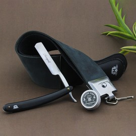 3 Pieces Men's Shaving Set with Straight Razor in Black Colour,Double Sided Leather Strop & Sharping Paste (3Pcs)