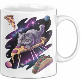 Pizzaesser Tasse Geschenk Katze isst Pizza im Weltall Lustig (Weiß)