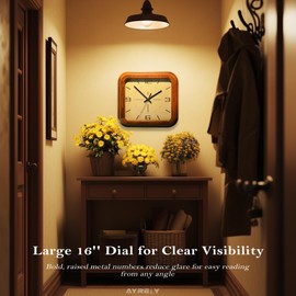 AYRELY® Rectangular Wooden Wall Clock – 16 Inch Large Vintage Wall Clock with Solid Elm Wood Frame, Metal Dial – Decorative Battery Operated Clock for Living Room, Kitchen, Office