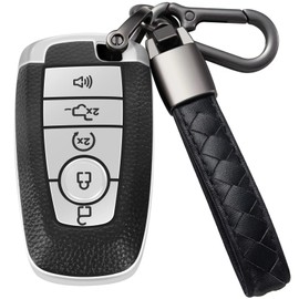 COTIYBOK for Ford Key Fob Cover with Leather Keychain TPU Car Key Case Shell 360 Degree Protection for Ford Maverick Edge Mustang Fusion Explorer Escape F150 F250 F350 F450 F550 Smart Key(Silver)