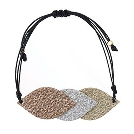 NYFASHION101 Women's Faux Leather Textured Almond Shape Macrame Bracelet, Metallic Gold-Tone/Metallic Silver-Tone