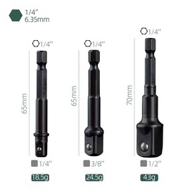 VitalBloom Socket Adapter Set Conversion Impact Socket Bit 0.25 inch (6.35 mm), 0.37 inch (9.5 mm), 0.5 inch (12.7 mm) Drive, 0.25 inch (6.35 mm) Hex Shaft, For Electric Drills, Heat Treated, High