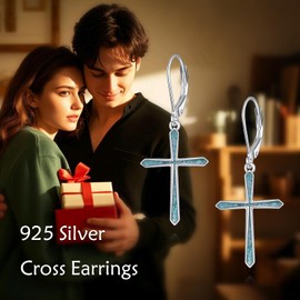 POPLYKE Cross Earrings for Women 925 Sterling Silver Turquoise Cross Dangle Earrings Religious Jewelry for Women