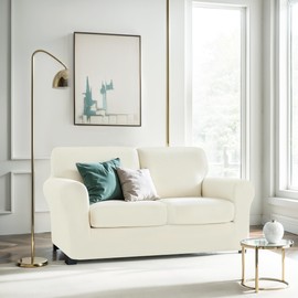 CHUN YI 5 Piece Loveseat Covers for 2 Cushion Couch, 2 Seater Stretch Sofa Slipcover with Separate Backrest and Cushion Covers, Anti-Slip Furniture Protector for Dogs Pets (Medium, Ivory White)