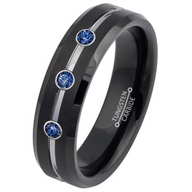 0.21ct Blue Sapphire 3-Stone Tungsten Ring - September Birthstone - 6MM Black-plated Brushed Finish Center Silver Groove Beveled Edge Comfort Fit Unisex Wedding Anniversary Band -7