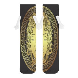 1 Pair Soft Socks White Holding Hands, Compression Knee High Stockings Long Athletic Circulation 16x3.9 in Print Golden Head on a Shield Line Art and Dot Print