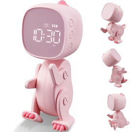 Ayybboo Digitaler Wecker Kinder Mädchen, DREI Alarmes, Dinosaurier Wecker mit Variabler Form, Schlummer, Nachtlicht Timer, 6 Weckmusik, Einstellbare Helligkeit und Lautstärke,Interne Batterie (Rosa)