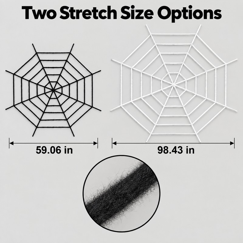 150/250cm Giant Stretchy Spider Web Halloween Cobweb, Black White Spider
