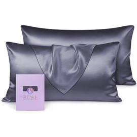 OLESILK 100% Silk Cushion Cover Hair and Skin Care with Hidden Zip 19 Momme 2 Pieces Charcoal 40 x 80 cm
