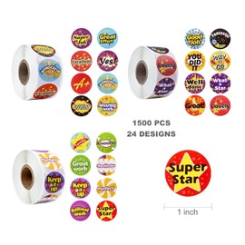 1500 PCS Reward Stickers for Teachers, Soykay 1 inch Encouragement Motivational Stickers Labels for Students School Classroom Award in 24 Designs (3 Rolls)