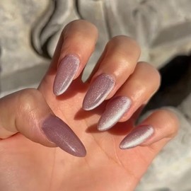 MERVF Almond Press on Nails Medium Pure Nude Fake Nail Cat Eye Glitter Design Acrylic Stiletto Glue ons Nails Supplies DIY Manicure Glossy 24pcs