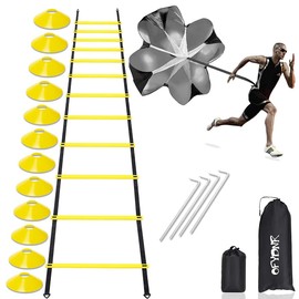 OFYDNR Agility Ladder, Speed Training Equipment Set, 12 Rung 20Ft Agility Ladder, 12 Disc Cones, 4 Steel Stakes, Resistance Parachute with Carry Bag for Soccer Basketball Football Footwork Sports