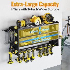 Tomorotec 4-Layer Wall-Mounted Power Tool Storage Rack, Heavy-Duty Steel Drill Organizer with Adjustable Shelves & Side Hooks for Toolbox, Easy Installation Garage & Workshop Storage (Black)