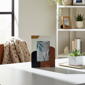 Sagebrook Home Modern Picture Frame - Multi-Tone Resin & Wood with Glass - Contemporary Home & Office Decor - Freestanding & Wall Mountable - 9" Ivory, Brown, Gold