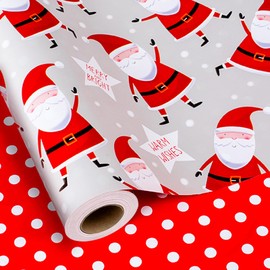 MAYPLUSS Reversible Christmas Wrapping Paper Roll - 17 Inch X 33 Feet - Grey Christmas Wrapping Paper,Santa Claus Wrapping Paper,Red Polk Dots for Winter Gift Wrap,Christmas, Party and Holiday