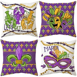 Mardi Gras Throw Pillow Covers 18x18 Set of 4 Fleur De Lis, Jester Hats Beads Mask Feather, Lobster Designs Festive Pillowcases for Home Sofa Couch Cushion Decoration