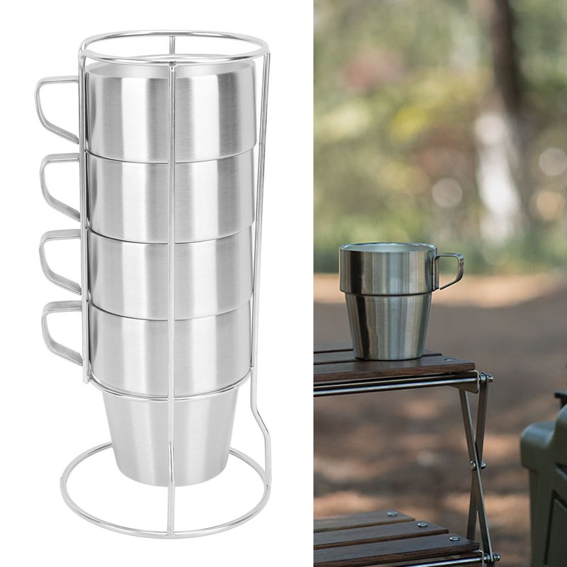 300ml Stackable Coffee Cups with Stand Stainless Steel Double Layer