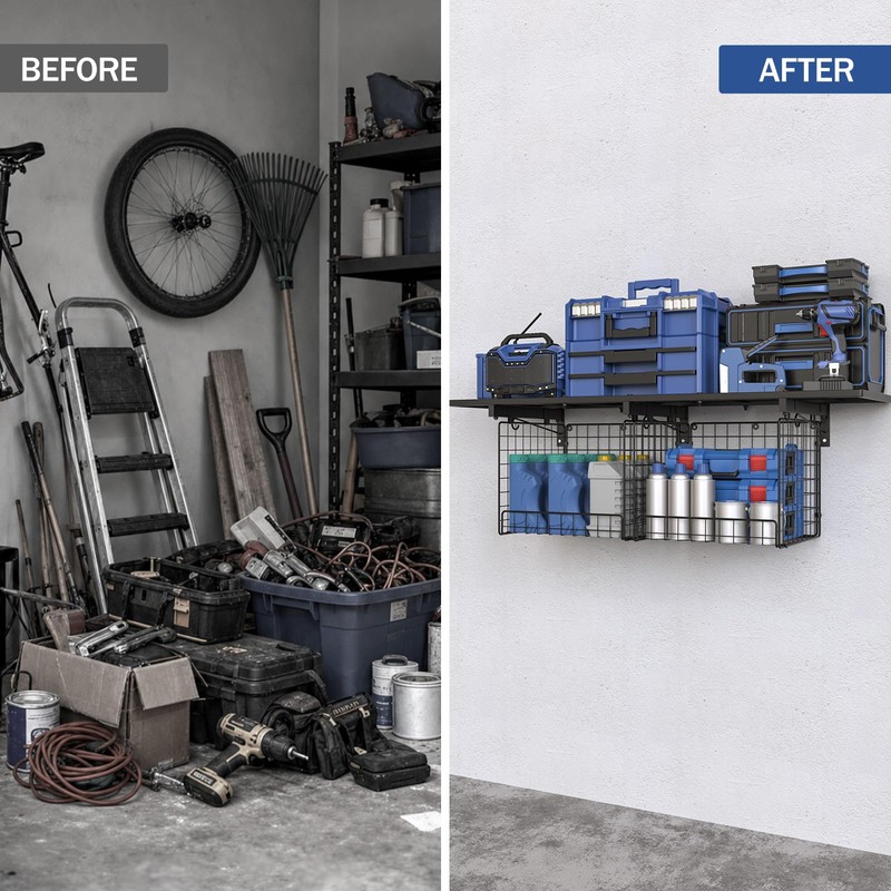 1x4ft Heavy Duty Garage Wall Shelving with 2 Wire Baskets,