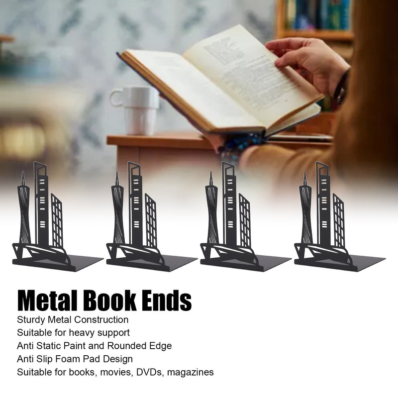 4pcs Bookends Black Architectural Style Decorative Non Slip Metal Desktop