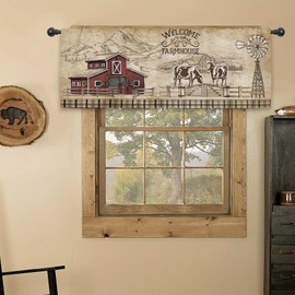 Kalmico Farmhouse Farm Rustic Kitchen Curtain Valance 54W x 18L Inch Vintage Country Cow Barn Buffalo Checked Windmill Rod Pocket Short Cafe Small Window Treatment Drapes Decor