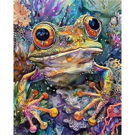 XTXGERL Green Frog Painting by Numbers Kit Adults, Colourful Painting Arts Crafts, Frog in Water Painting by Numbers, Canvas for Home Wall Decor DIY Brushes and Acrylic Pigments Frameless 16''x20''