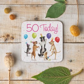 Dancing Dogs 50th Birthday Drinks Coaster - Pink - Age 50 Funny Birthday Gift For Women - 50th Birthday Gift For Her - Age Fifty Birthday Present - Age 50 Birthday Gift - Milo's Gallery