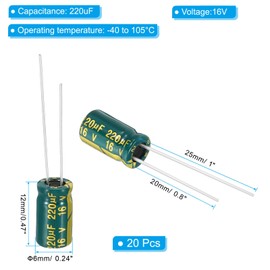 PATIKIL 16V 220uF Electrolytic Capacitors, 20Pcs 6x12mm Aluminum High Frequency Electrolytic Capacitors for TV, LCD Monitor, Refrigerator, Circuit Boards, Green