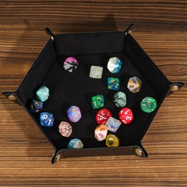 Cusdie Dice Tray Folding Hexagon Dice Tray Leather and Velvet Dice Holder for DND Dice Game Table Games (Black)