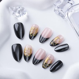 UEYRSEDB Black French Tip Press on Nails Medium Almond Fake Nails with Gold Chrome Moon Star Design Glitter French Tip Glue on False Nail Gothic Artificial Stick on Nail for Women Girls 24Pcs