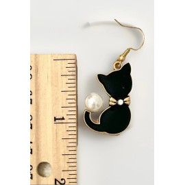 Betsey Johnson Black Rhinestone Pearl Kitty Cat Dangle Earrings NWT