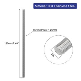 QUARKZMAN Pack of 5 Fully Threaded Spindle, M8 x 190 mm, 304 Stainless Steel, Right-Hand Thread, Threaded Rods, M8-1.25 Thread Pitch for Furniture and Machine Assembly