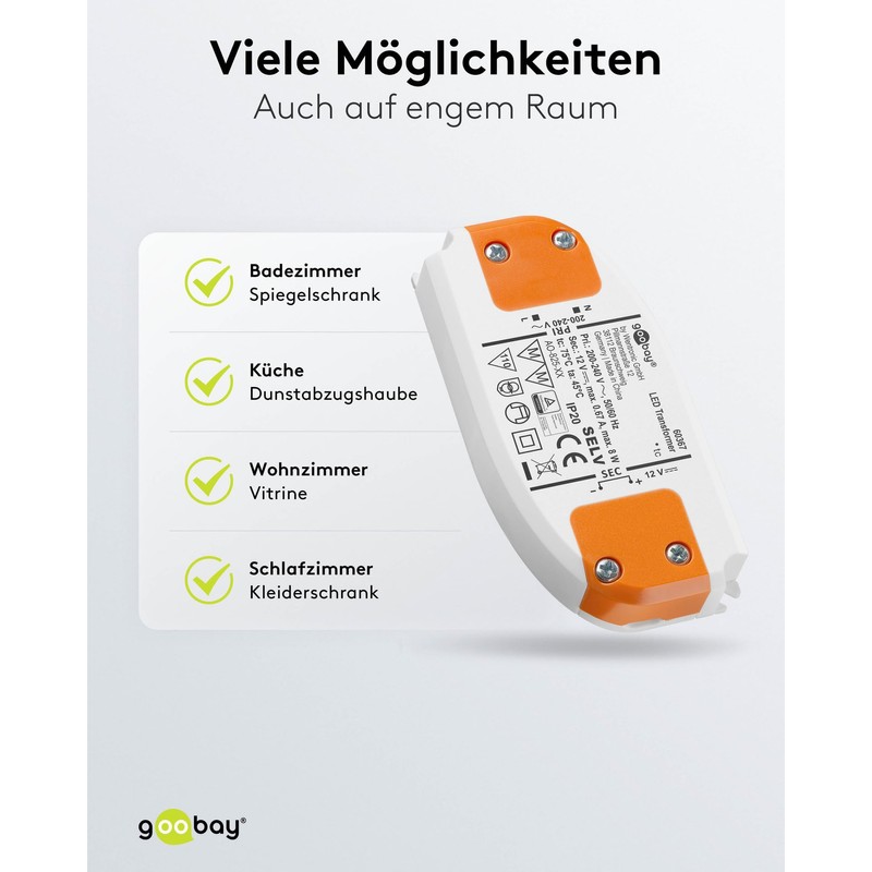 LED Slim Transformer 12V DC 0.5-8W, IP20, Transformer